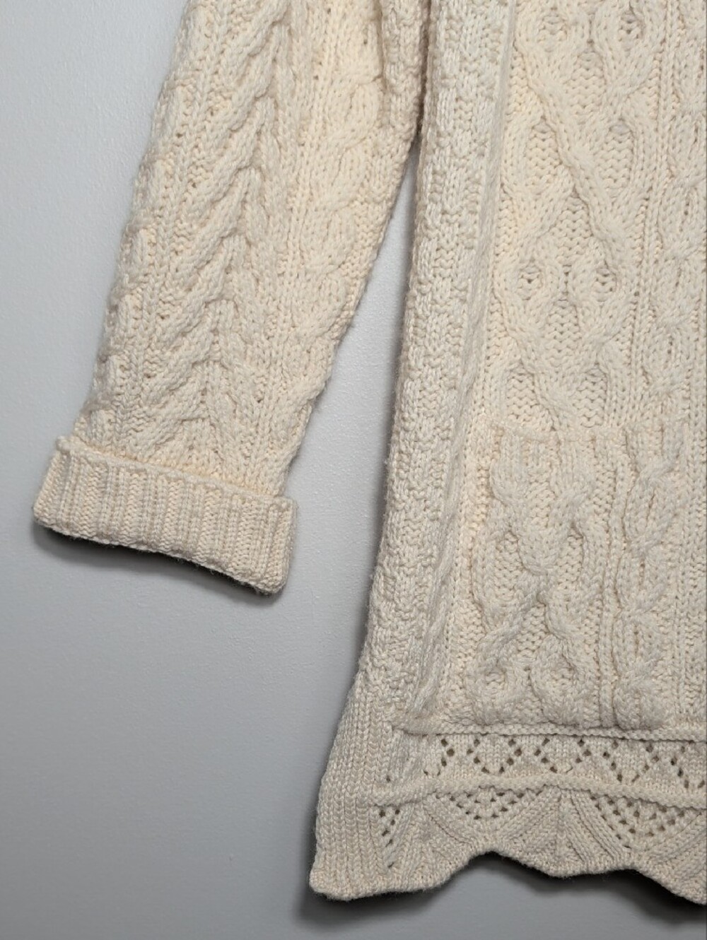 Inis Crafts 100% Merino Wool Cable Knit Long Full Zip Cardigan Sweater Medium - Picture 2 of 14
